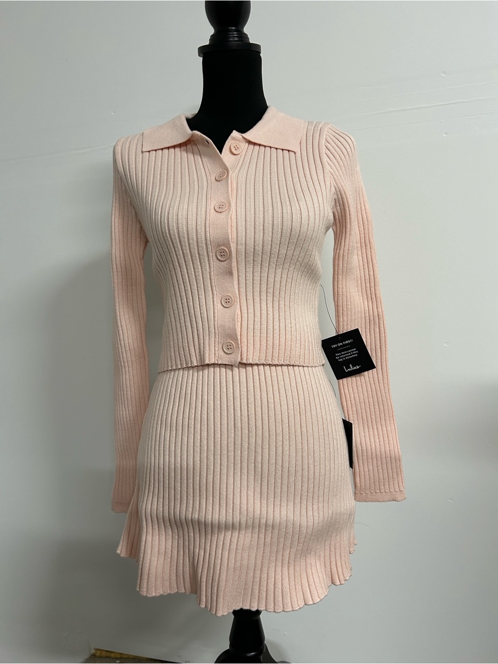 NWT Ribbed Knit Mini Skirt and Sweater in Light Pink.  Size Medium